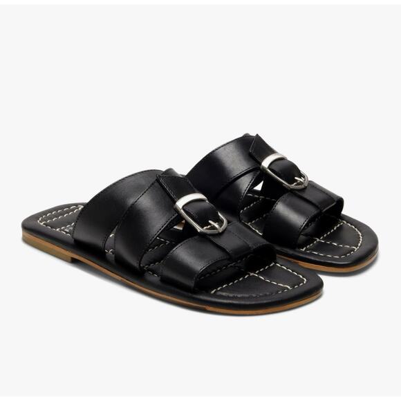 Free People Black Leather SLOAN Sandals Slides Slip-on Shoes 8 Buckle Women’s - Picture 1 of 8